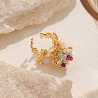 Baroque Style Vacation Flower Copper Plating Hollow Out Inlay Freshwater Pearl Zircon 18k Gold Plated Open Rings main image 5
