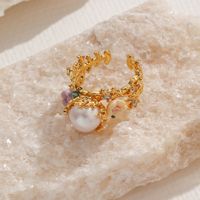 Baroque Style Vacation Flower Copper Plating Hollow Out Inlay Freshwater Pearl Zircon 18k Gold Plated Open Rings main image 6