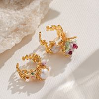 Baroque Style Vacation Flower Copper Plating Hollow Out Inlay Freshwater Pearl Zircon 18k Gold Plated Open Rings main image 4