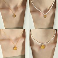 Vintage Style Simple Style Heart Shape Shell Freshwater Pearl Titanium Steel Plating Inlay Rhinestones 18k Gold Plated Pendant Necklace main image 8