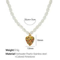 Vintage Style Simple Style Heart Shape Shell Freshwater Pearl Titanium Steel Plating Inlay Rhinestones 18k Gold Plated Pendant Necklace sku image 3