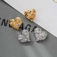 1 Pair IG Style Retro Heart Shape Plating Pleated Inlay Copper Zircon Ear Studs main image 1
