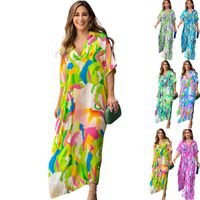 Women's Swing Dress Elegant V Neck Printing Short Sleeve Color Block Maxi Long Dress Daily main image 1