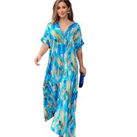 Women's Swing Dress Elegant V Neck Printing Short Sleeve Color Block Maxi Long Dress Daily main image 2