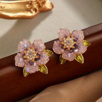 1 Pair Elegant Glam Flower Enamel Plating Inlay Copper Artificial Pearls Zircon Ear Studs main image 4