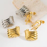 1 Pair Vintage Style Vacation Classic Style Stripe Grid Side Stripe Water Drop Stainless Steel 18k Gold Plated Ear Studs main image 7