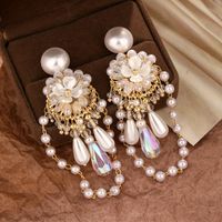 1 Pair Glam Shiny Water Droplets Tassel Flower Plating Inlay Copper Artificial Crystal Artificial Pearls Drop Earrings main image 6