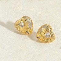 1 Pair Vintage Style Heart Shape Inlay Copper Zircon 14K Gold Plated Ear Studs sku image 1