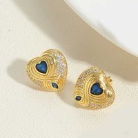 1 Pair Vintage Style Heart Shape Inlay Copper Zircon 14K Gold Plated Ear Studs sku image 2