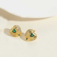 1 Pair Vintage Style Heart Shape Inlay Copper Zircon 14K Gold Plated Ear Studs sku image 3