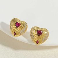 1 Pair Vintage Style Heart Shape Inlay Copper Zircon 14K Gold Plated Ear Studs sku image 4