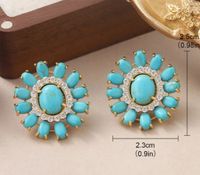 1 Pair French Style Oval Flower Plating Hollow Out Inlay Copper Turquoise  Zircon 18k Middle Ancient Gold Earrings Ear Studs main image 2