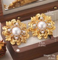 1 Pair Vintage Style French Style Flower Plating Inlay Copper Rhinestones Glass Stone Pearl 18k Middle Ancient Gold Ear Studs main image 2