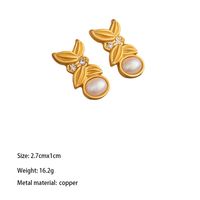 1 Pair Glam Retro Leaves Plating Inlay Copper Artificial Pearls Zircon Ear Studs main image 2