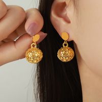 1 Pair Elegant Retro Round Ball Plating Hollow Out Inlay Titanium Steel Zircon 18k Gold Plated Drop Earrings main image 3