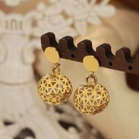 1 Pair Elegant Retro Round Ball Plating Hollow Out Inlay Titanium Steel Zircon 18k Gold Plated Drop Earrings main image 6