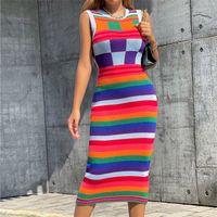 Women's Regular Dress Elegant Vacation Round Neck Contrast Binding Sleeveless Rainbow Color Block Midi Dress Daily main image 6