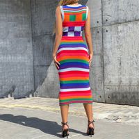 Women's Regular Dress Elegant Vacation Round Neck Contrast Binding Sleeveless Rainbow Color Block Midi Dress Daily main image 2