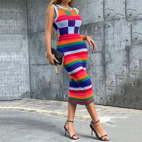 Women's Regular Dress Elegant Vacation Round Neck Contrast Binding Sleeveless Rainbow Color Block Midi Dress Daily main image 4