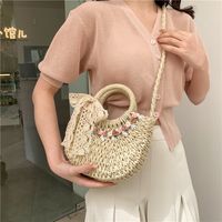 Women's Medium Straw Color Block Vintage Style Classic Style String Shoulder Bag sku image 1