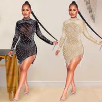 Women's Sequin Dress Sexy Round Neck Tassel Diamond Long Sleeve Solid Color Knee-Length Banquet main image 6