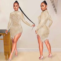 Women's Sequin Dress Sexy Round Neck Tassel Diamond Long Sleeve Solid Color Knee-Length Banquet main image 3