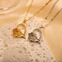 Stainless Steel Sweet Heart Shape Flower Asymmetrical Inlay Zircon Pendant Necklace main image 3