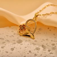 Stainless Steel Sweet Heart Shape Flower Asymmetrical Inlay Zircon Pendant Necklace sku image 1