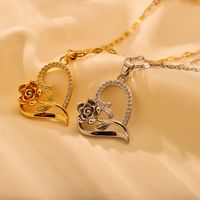 Stainless Steel Sweet Heart Shape Flower Asymmetrical Inlay Zircon Pendant Necklace main image 1