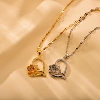 Stainless Steel Sweet Heart Shape Flower Asymmetrical Inlay Zircon Pendant Necklace main image 6