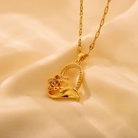 Stainless Steel Sweet Heart Shape Flower Asymmetrical Inlay Zircon Pendant Necklace main image 7