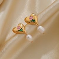 1 Pair Sweet Heart Shape Rose Enamel Hollow Out Freshwater Pearl Copper 18k Gold Plated Drop Earrings main image 3