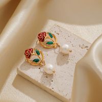 1 Pair Sweet Heart Shape Rose Enamel Hollow Out Freshwater Pearl Copper 18k Gold Plated Drop Earrings main image 5