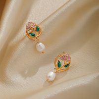 1 Pair Sweet Heart Shape Rose Enamel Hollow Out Freshwater Pearl Copper 18k Gold Plated Drop Earrings main image 6