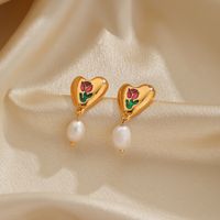1 Pair Sweet Heart Shape Rose Enamel Hollow Out Freshwater Pearl Copper 18k Gold Plated Drop Earrings main image 4