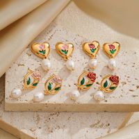 1 Pair Sweet Heart Shape Rose Enamel Hollow Out Freshwater Pearl Copper 18k Gold Plated Drop Earrings main image 1