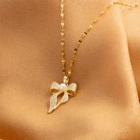 Stainless Steel 18K Gold Plated Sweet Streetwear Plating Inlay Bow Knot Pearl Zircon Pendant Necklace main image 4
