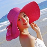 Women's Basic Solid Color Bowknot Flat Eaves Sun Hat main image 5