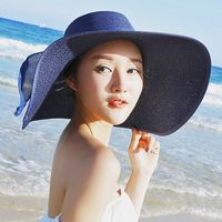 Women's Basic Solid Color Bowknot Flat Eaves Sun Hat main image 3