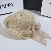 Women's Vintage Style Bow Knot Hollow Out Crimping Straw Hat sku image 2