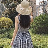 Femmes Style Simple Plaid Noeud Papillon Avant-toit Plat Chapeau De Paille main image 2