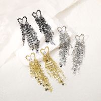 1 Pair Casual Heart Shape Tassel Alloy Rhinestones Drop Earrings main image 4