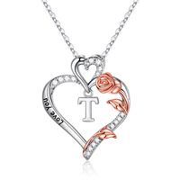 304 Stainless Steel Copper Elegant Simple Style Hollow Out Inlay Letter Heart Shape Rose Zircon Pendant Necklace sku image 20