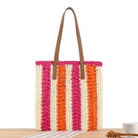 Women's Large Straw Color Block Vacation Zipper Straw Bag sku image 6