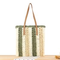 Women's Large Straw Color Block Vacation Zipper Straw Bag sku image 4