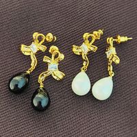 1 Pair Retro Water Droplets Bow Knot Plating Inlay Copper Zircon Drop Earrings main image 1