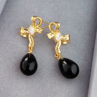 1 Pair Retro Water Droplets Bow Knot Plating Inlay Copper Zircon Drop Earrings main image 4