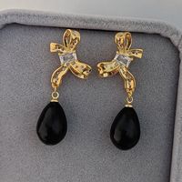 1 Pair Retro Water Droplets Bow Knot Plating Inlay Copper Zircon Drop Earrings sku image 1