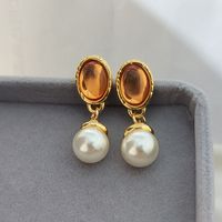 1 Pair Retro Oval Plating Inlay Metal Glass Pearl Drop Earrings main image 6