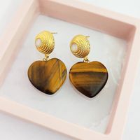 1 Pair Sweet Simple Style Heart Shape Plating Inlay Mixed Materials Tiger Eye Natural Stone Drop Earrings main image 1